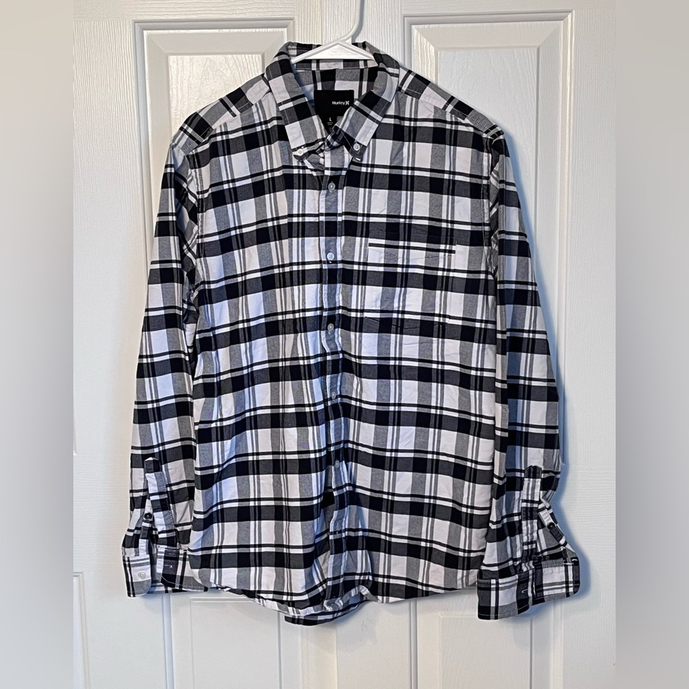 Hurley Long Sleeve, Button Down, Black & White, Size L